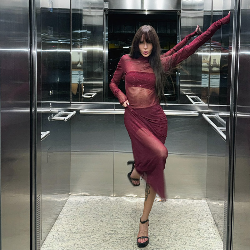 Sexy Half Turtleneck Slim Fit Mesh See through Drilling Dress Outerwear Cover up Bella Mia