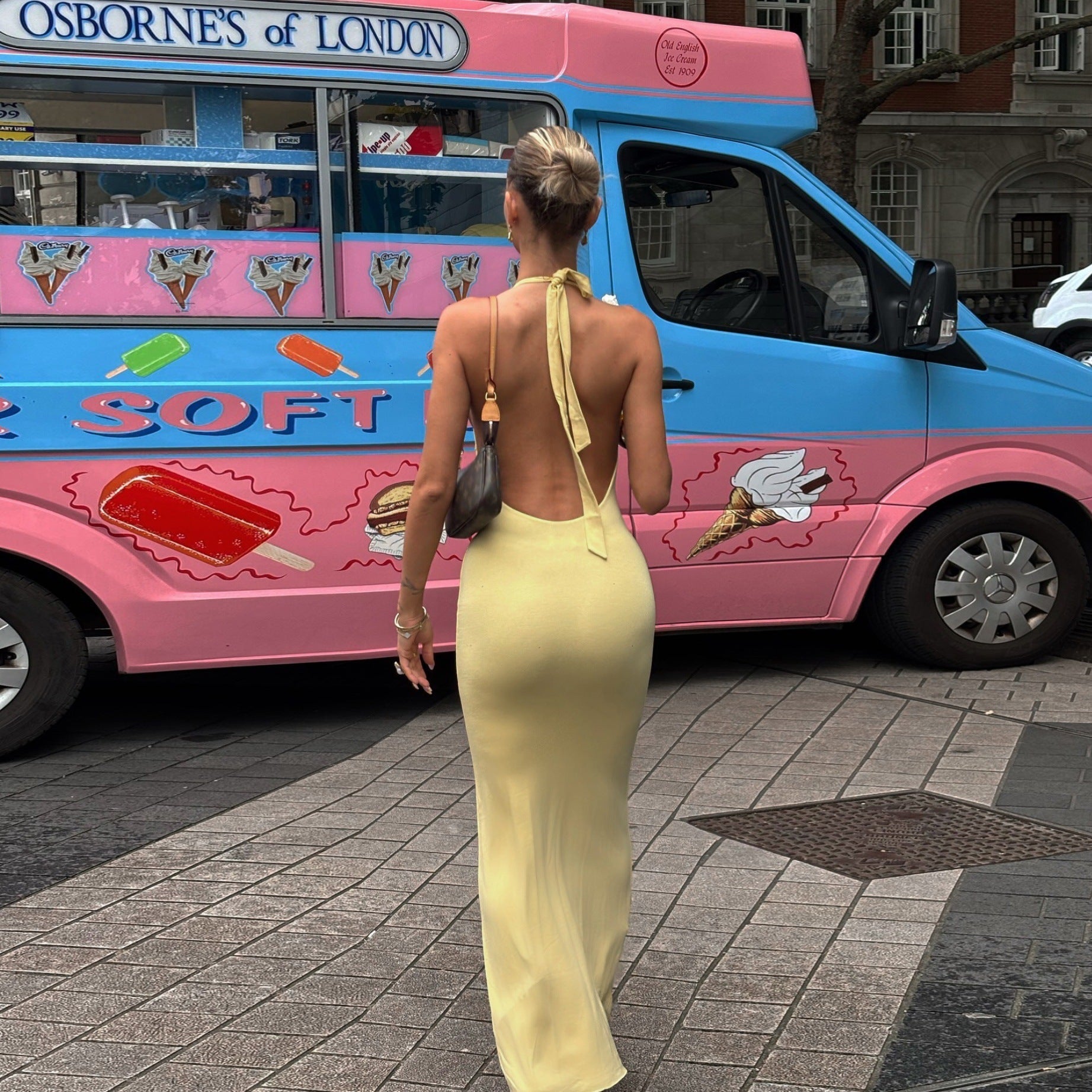 Women Clothing Summer Sexy V neck Halter Backless High Waist Slim Solid Color Dress Bella Mia