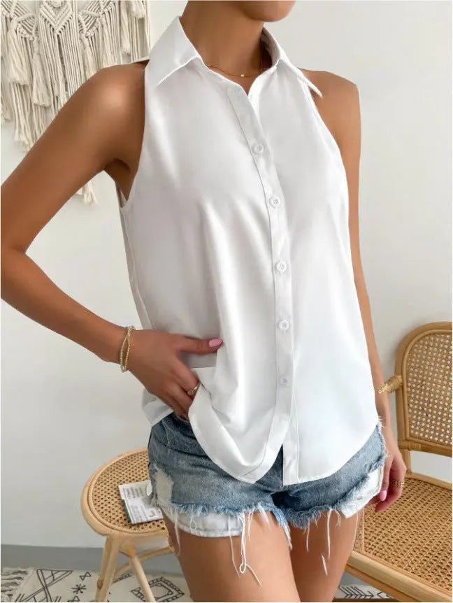 Satin Sleeveless Shirt Women Spring Satin Top Casual Office Solid Color Shirt Supply Bella Mia