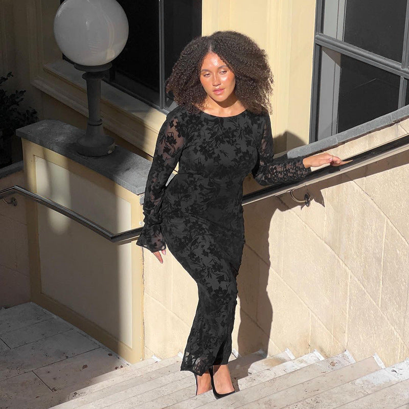 Sexy Backless Long Sleeves Printed Dress Women Autumn Graceful Fashionable Dress Bella Mia