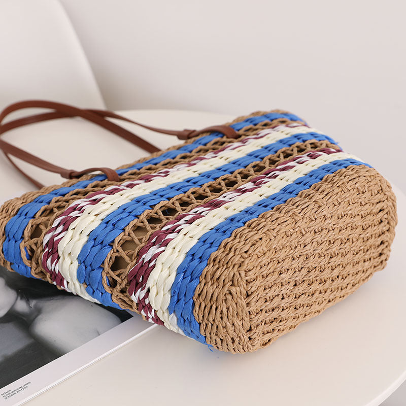 Hollow Out Cutout Straw Bag Vintage Stripe Portable Straw Bag Woven Bag Seaside Vacation Beach Bag Shoulder Bag Bella Mia