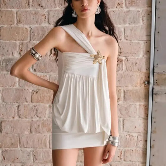 Women Clothing Summer Sexy Solid Color Oblique Shoulder Floral Chest Cover Hip Dress Bella Mia