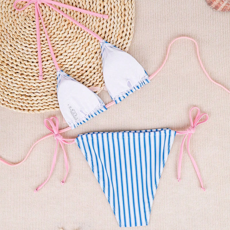 Women Sexy Backless Striped Bikini Deep V Plunge Three Point Bikini Split Swimsuit Bella Mia