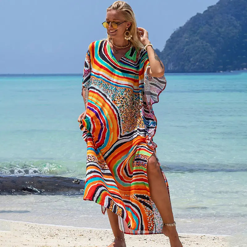 Boho Printed Beach Maxi Dress In Viscose With Animal Print And Split Sleeve Bella Mia