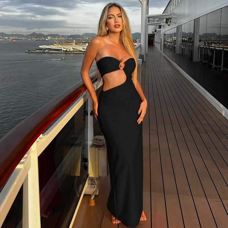 Summer Metal Decoration Stitching Hollow Out Cutout out Dress Sexy Slim Tube Top Dress Women Bella Mia