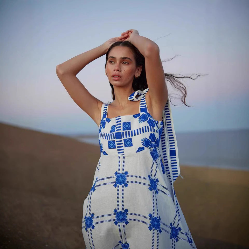 Summer Vacation Halter Spaghetti Straps Maxi Dress Sleeveless Printed Dress Bella Mia