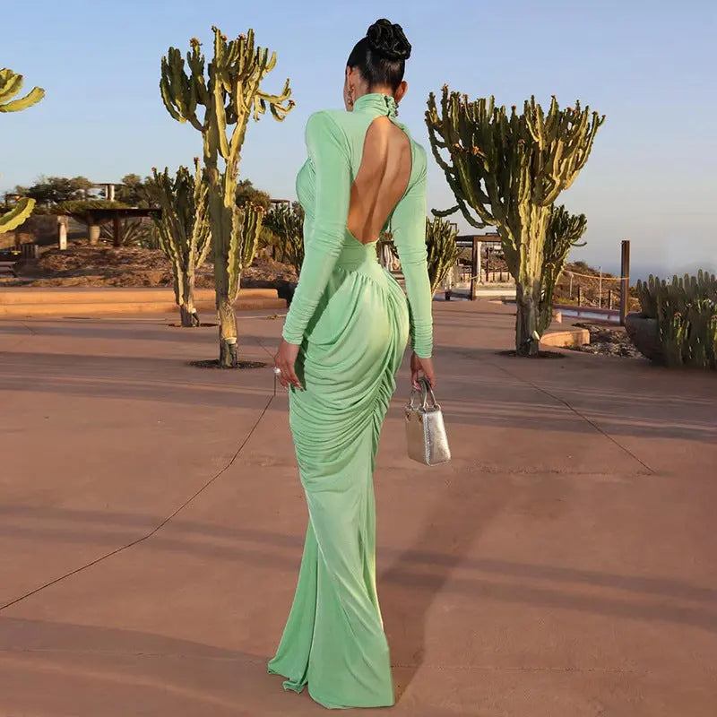 Fall Women Solid Color Backless Turtleneck Pleated Slim Fit Maxi Dress For Party Bella Mia