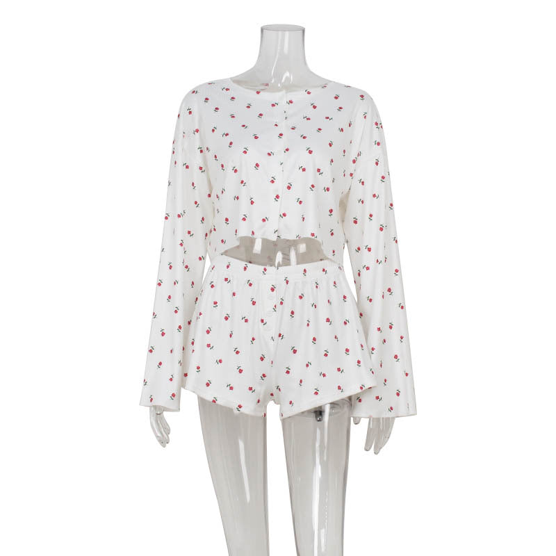 Girls Sexy Long Sleeved Cardigan Short Top Floral Wooden Ear Home Casual Suit Shorts Two Piece Sets Bella Mia