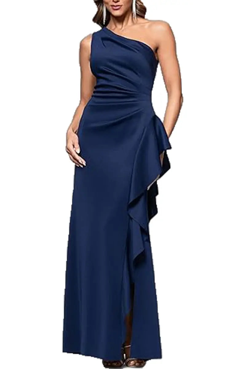Elegant One Shoulder Ruffled Solid Color Slim Fit Split Fishtail Maxi Evening Dress Bella Mia