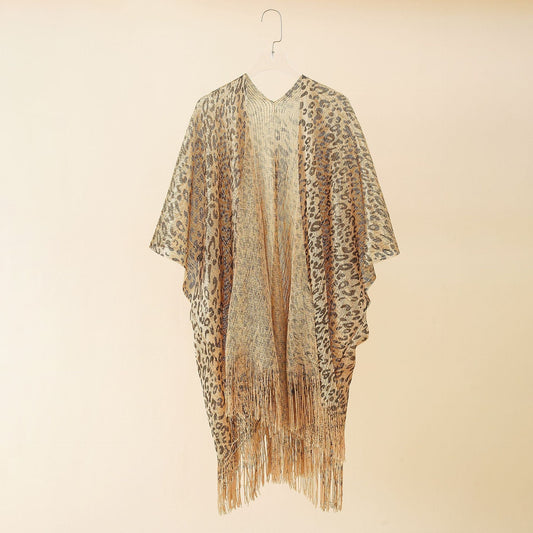 Summer Leopard Print Gold Silk Hollow Out Cutout Tassel Shawl Beach Sun Protection Sun Proof Cardigan Coat Bella Mia