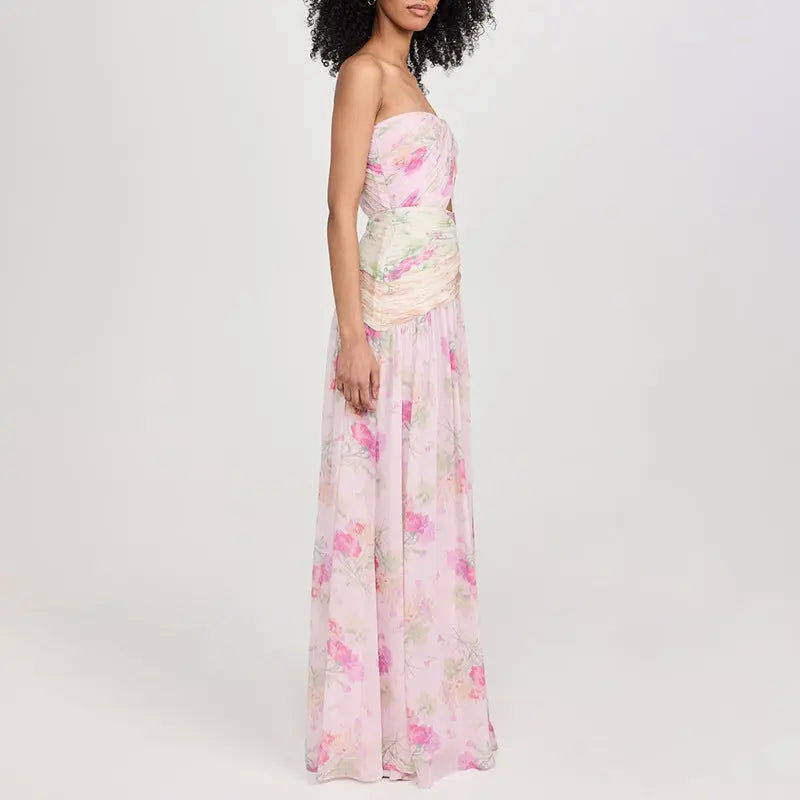 Vacation Floral Maxi Dress Strapless Cutout Zipper Ruched Polyester Bella Mia