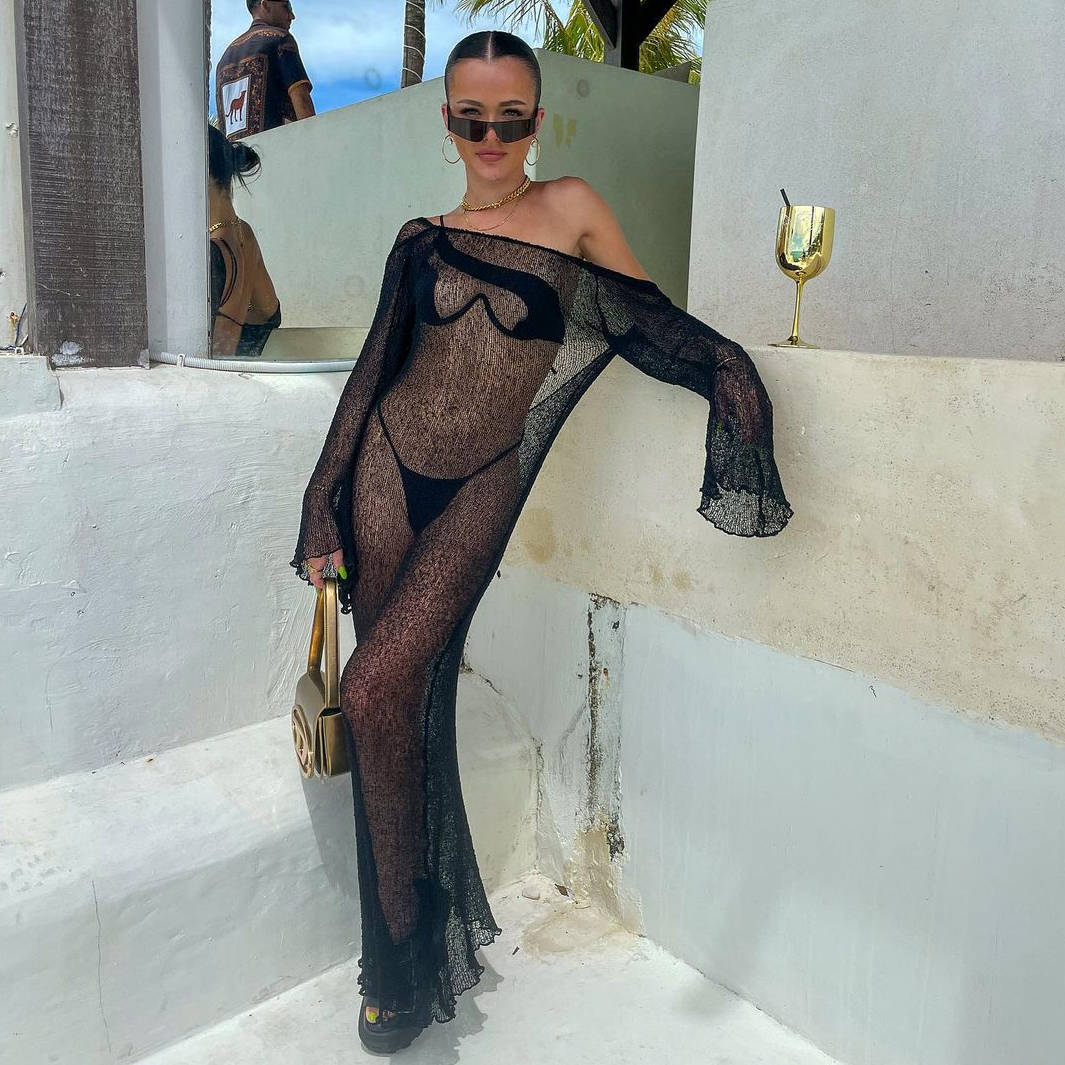 Sexy See Through Backless Slim Fit Comfortable Beach Beach Cover Up Bohemian Woolen Maxi Dress Bella Mia