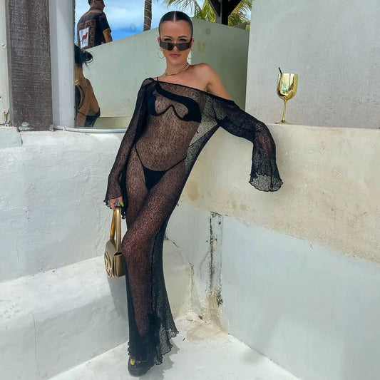 Sexy See Through Backless Slim Fit Comfortable Beach Beach Cover Up Bohemian Woolen Maxi Dress Bella Mia