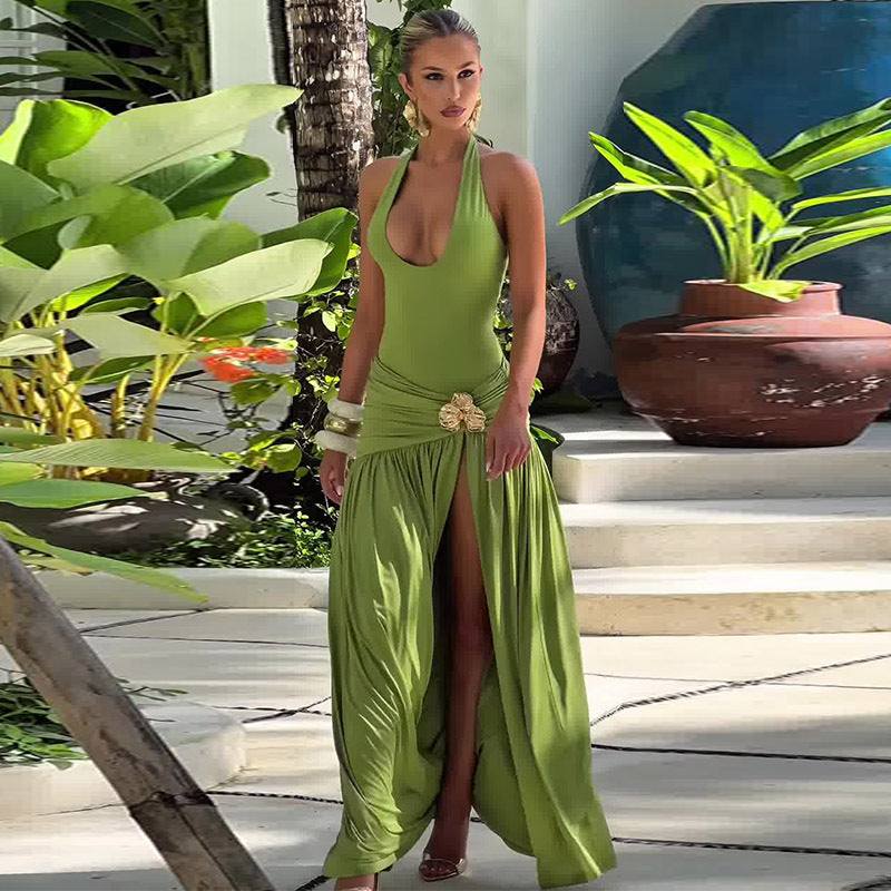 Summer Stitching Ribbon Ruffled Slim Street Mid Solid Color Two Piece Sets Bella Mia