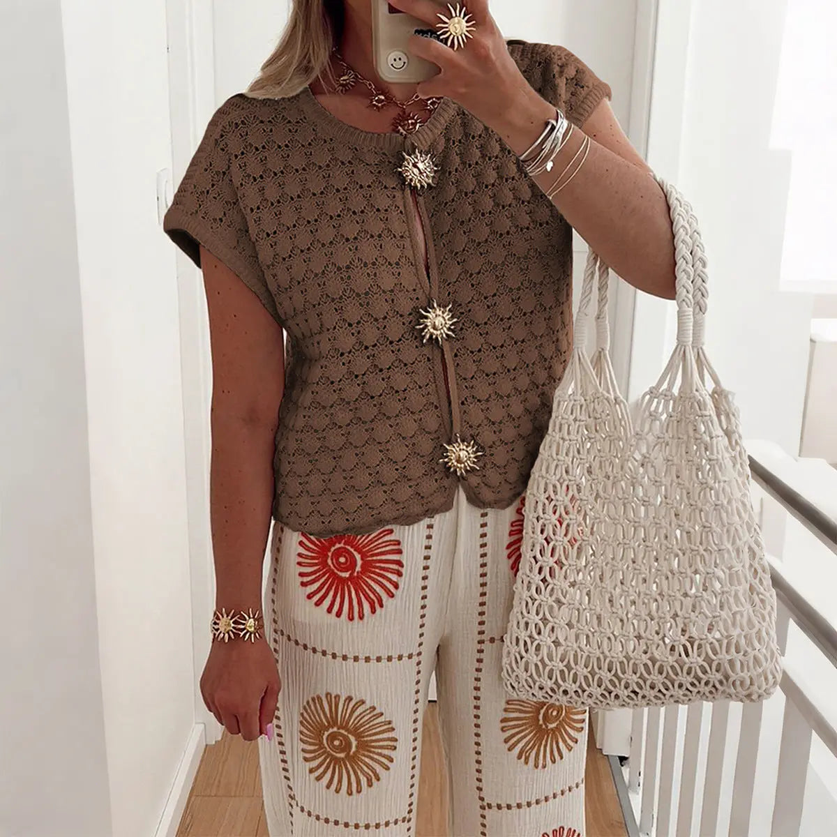 Simple Vacation Short Sleeve Hollow Out Cutout T shirt Wool Women Clothing Autumn Winter Bella Mia