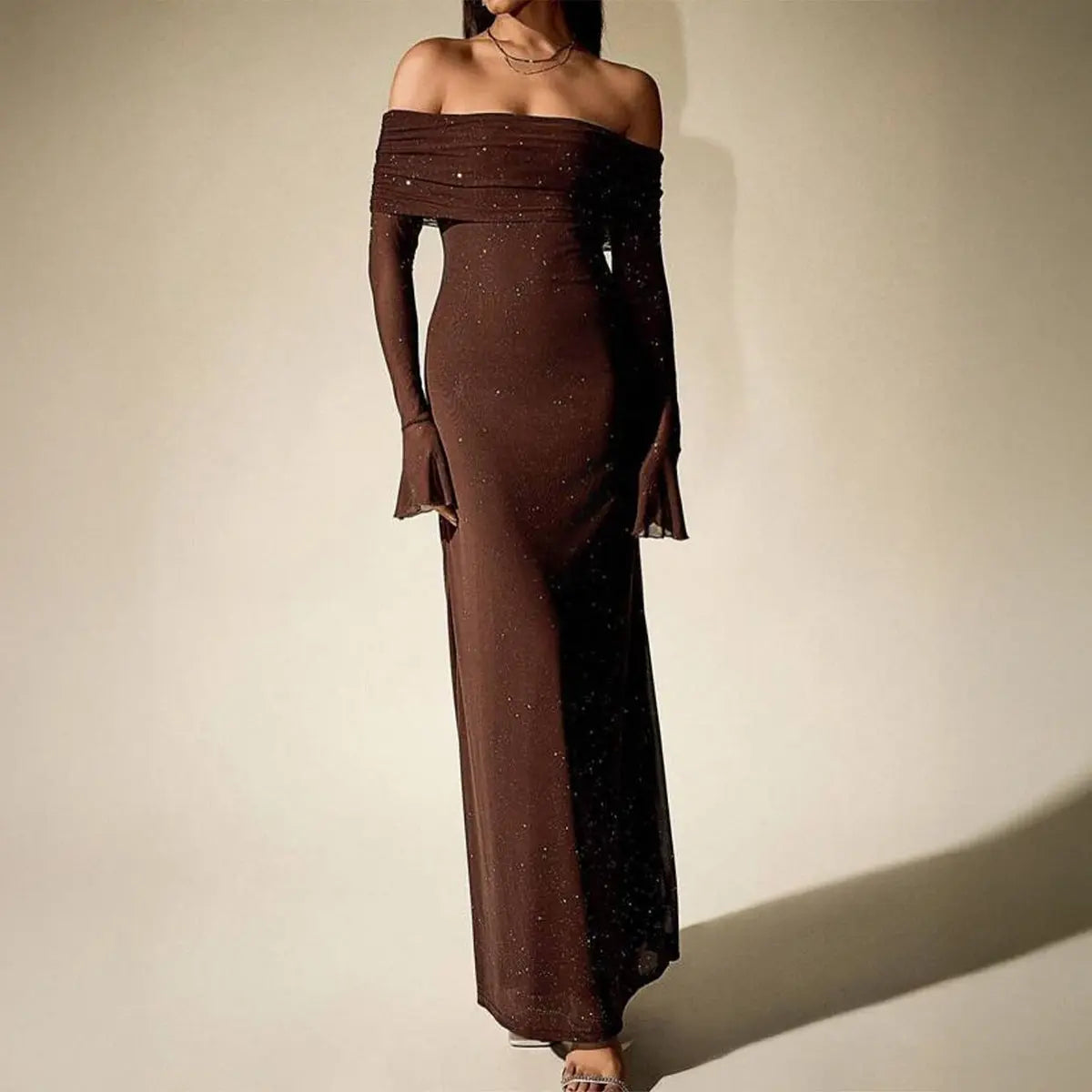 Sexy Lace Mesh Maxi Dress Off Shoulder Long Sleeve For Party Bodycon Bella Mia