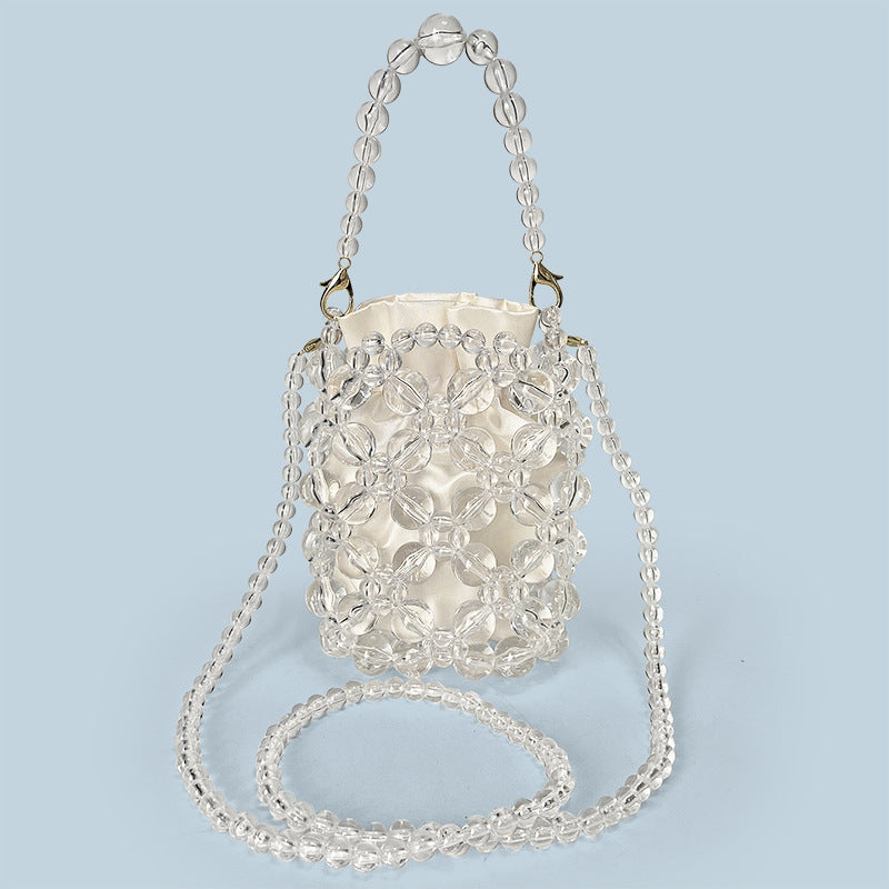 Transparent Irregular Asymmetric Hand Woven Acrylic Crystal String Beads Cocktail Mobile Phone Bag Cross Body Bucket Pouch Bella Mia