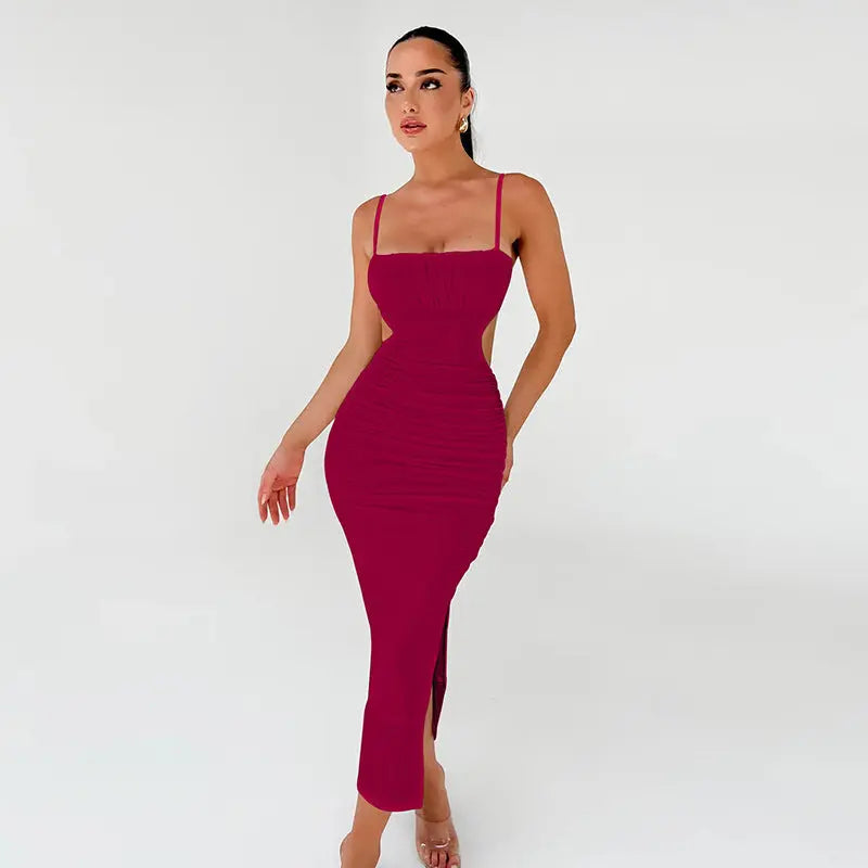 Women Cami Dress Sexy Backless Ruffle Hip Side Slit Maxi Dress Bella Mia
