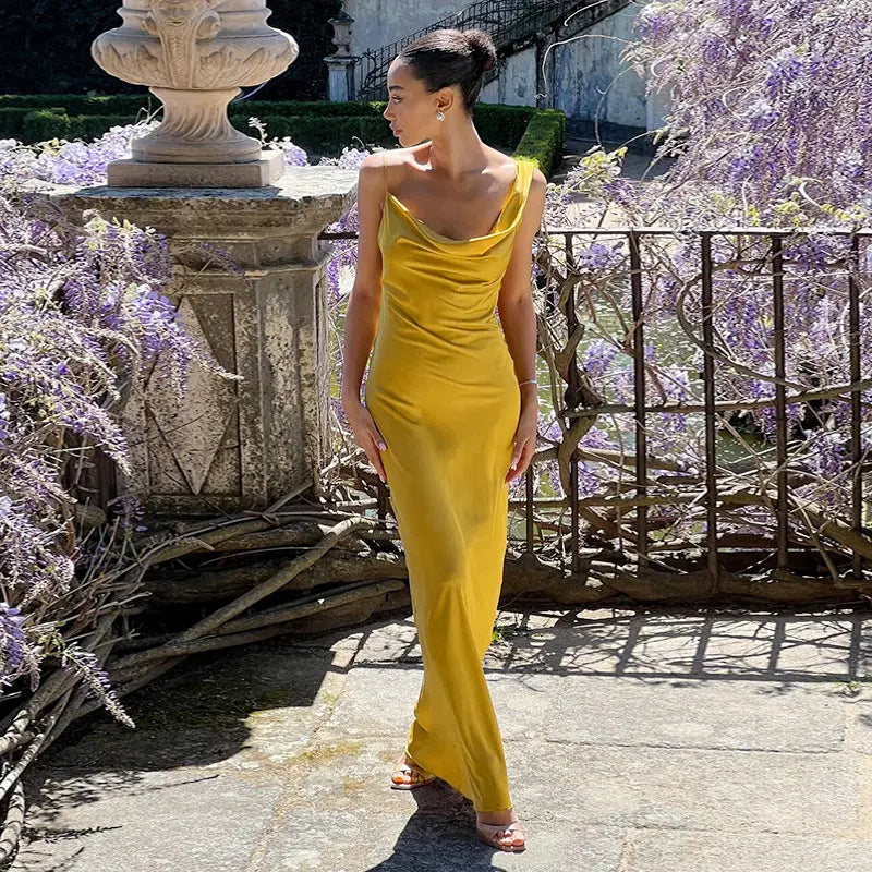 Sling Pockets Collar Sexy Backless Satin Formal Dress Elegant Evening Dress Bella Mia