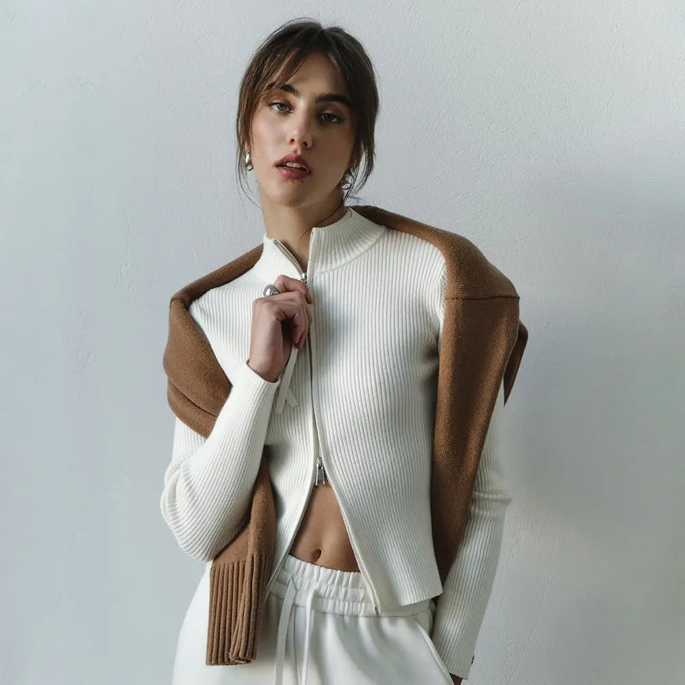 Stand up Collar Slim Fit Long Sleeved Coat Autumn Winter Double Zipper Cardigan Thermal Knitting Coat for Women Bella Mia