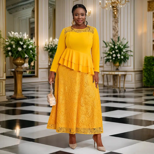 See through round Neck Long Sleeve Lace Dress Party Cocktail Ruffled Dress Dress Bella Mia