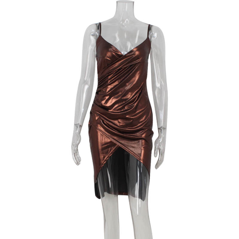 Sexy Women Clothing Tight Figure V neck High Grade Bronzing High Waist Slit Hip Spaghetti Straps Dress Bella Mia