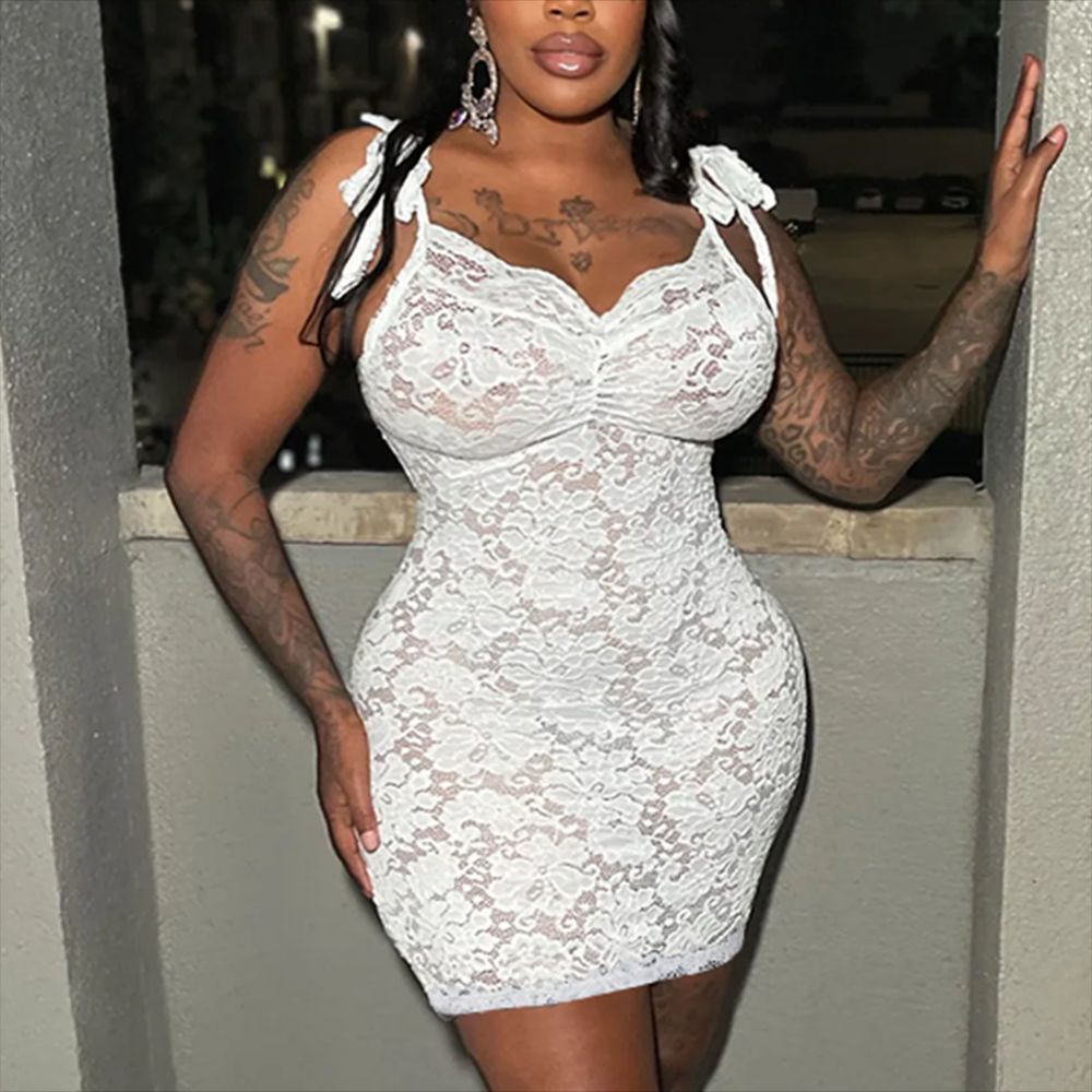 Sexy Women Clothing See through Slim Fit Lace up Sling Floral Lace Sheath Dress Bella Mia