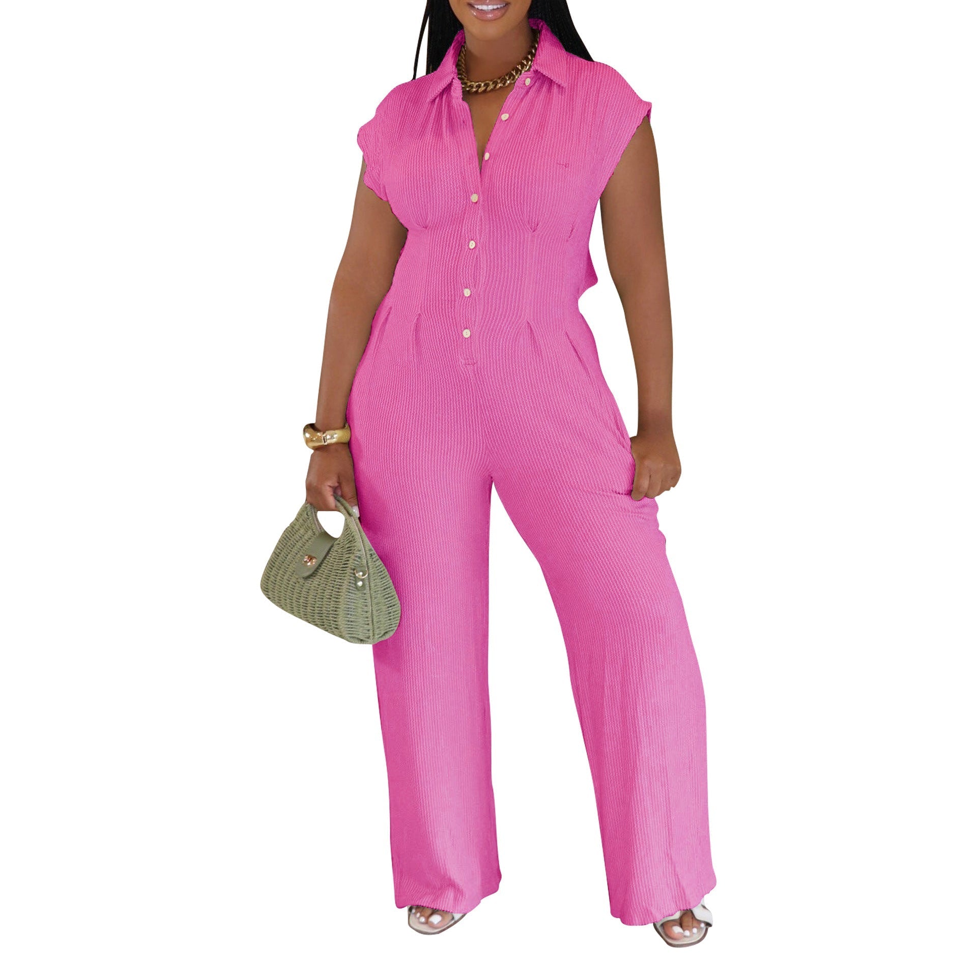 Women Clothing Jumpsuit Striped Collared Slim Shirt Collar Straight Leg Pants Sleeveless Summer Bella Mia