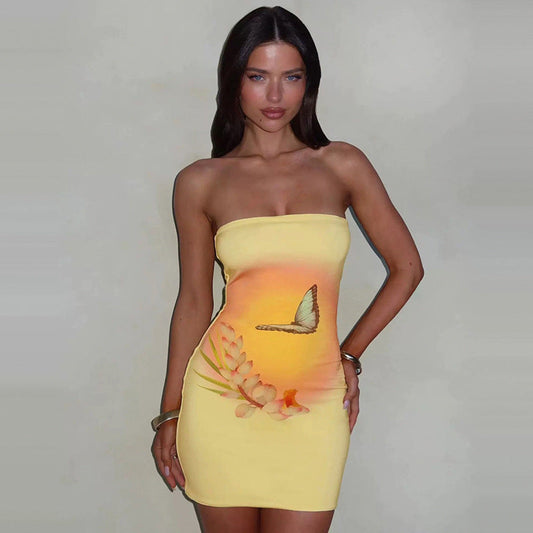 Women Clothing Summer Sleeveless Sexy Strapless Dress Butterfly Floral Print Hip Dress Bella Mia