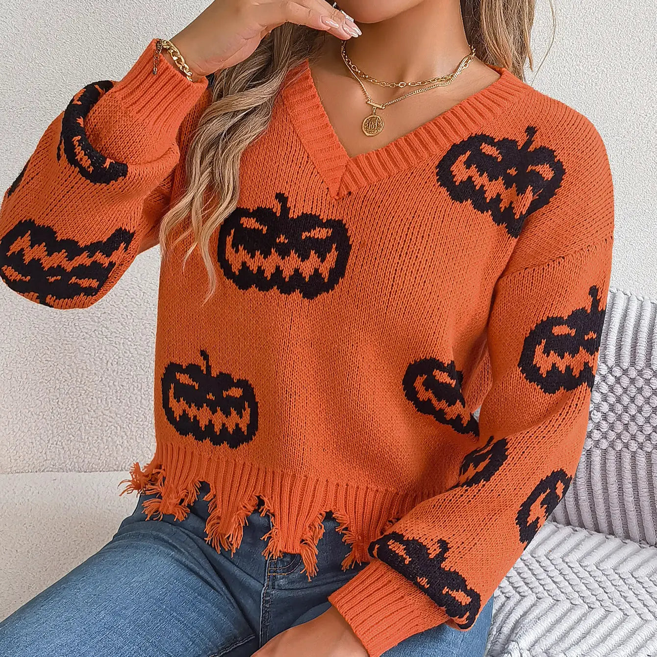 Autumn Winter Halloween Contrast Color Pumpkin Cut Rotten Long Sleeve Pullover Women Clothing Bella Mia