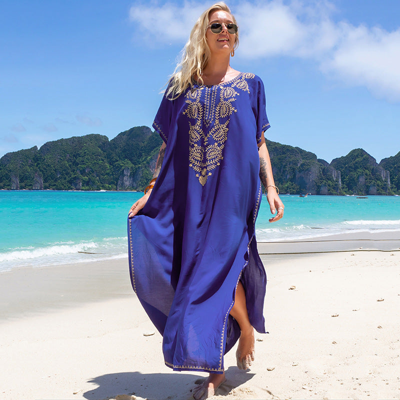 Blue Embroidered Vacation Robe Loose Seaside Beach Dress Sun Protection Clothing Bikini Swimsuit Blouse Bella Mia