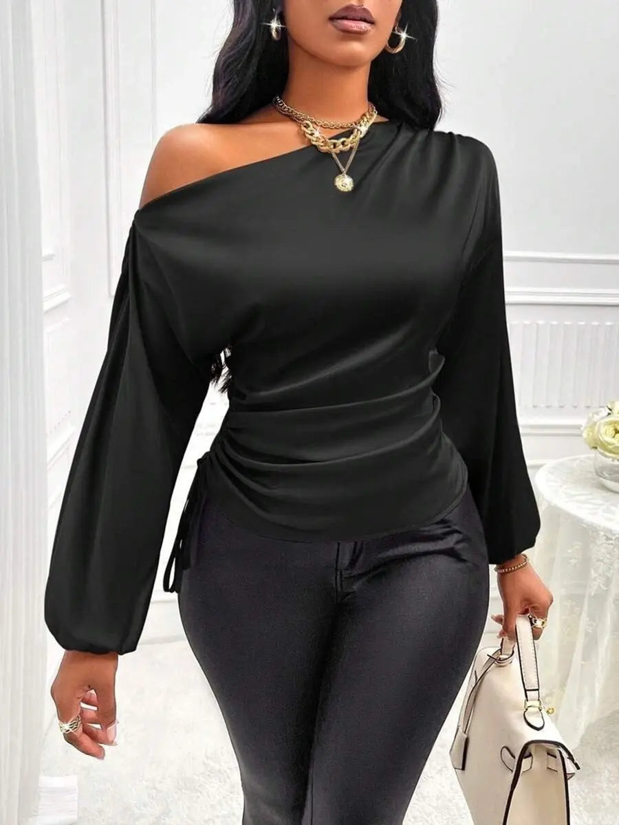 Women Clothes Satin Shirt Autumn Winter Asymmetric Long Sleeve Diagonal Collar Shirt Top Bella Mia
