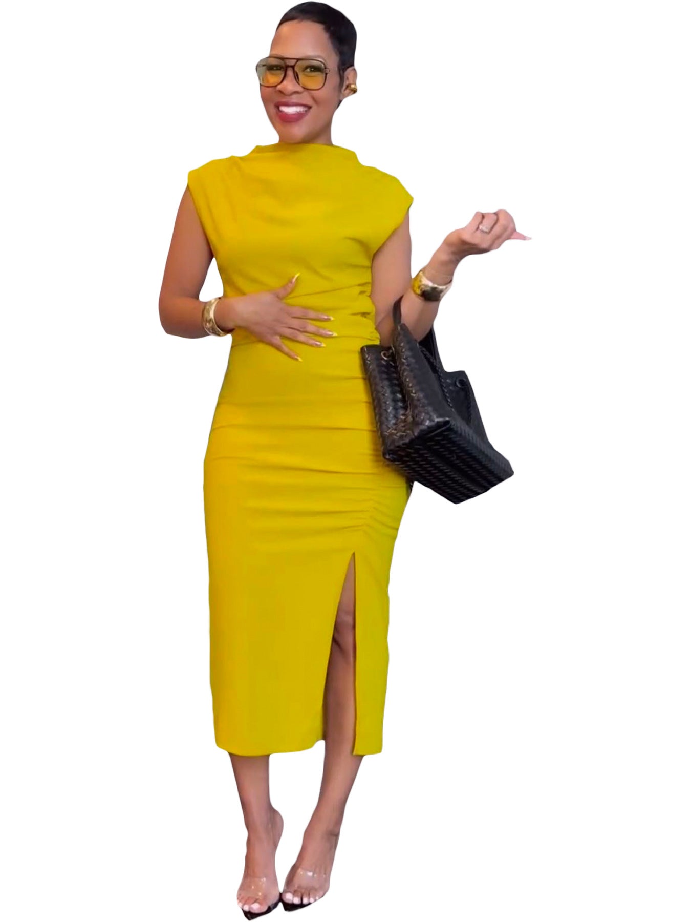 Women Clothing Solid Color Slim Fit Sheath Slit Mid Length Dress Bella Mia