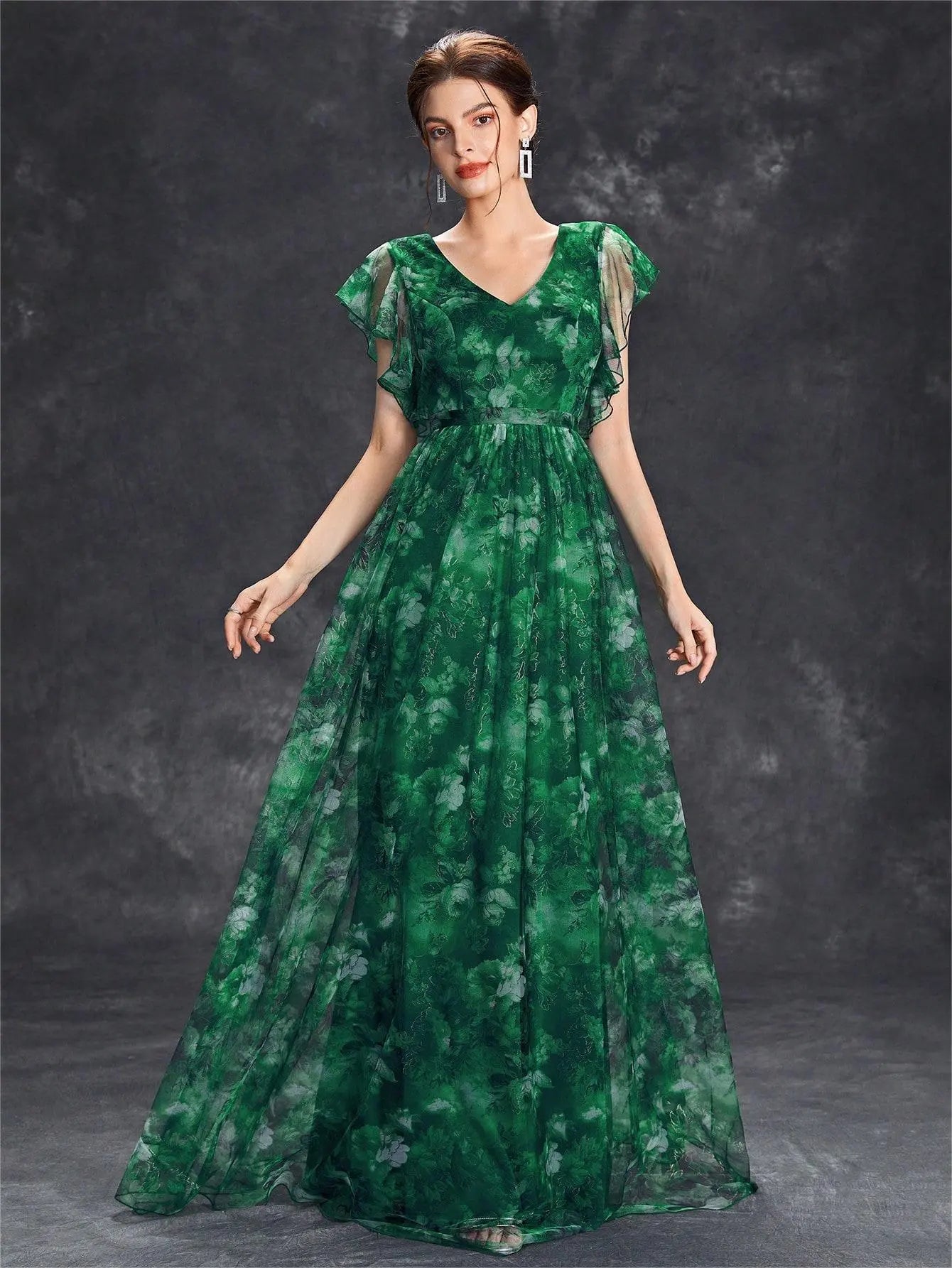 Evening Dress V neck Printed Mesh Ruffled Large Swing Party Dress Bridesmaid Dress Dance Dress Spring A Line Bella Mia