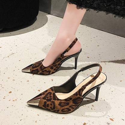 Hollow Out Cutout Pointed High Heel Back Open Shoes Women Stiletto Leopard Print Sandals