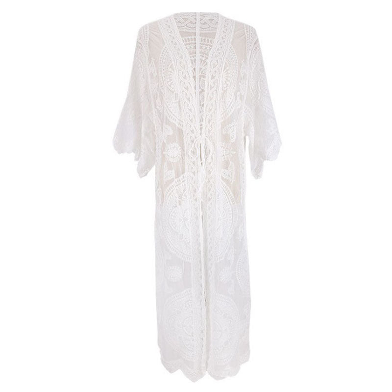 New Lace Embroidered Mid-Length Beach Cover-up Sexy Cardigan Vacation Sun Protection Shirt Swimsuit Blouse Bella Mia