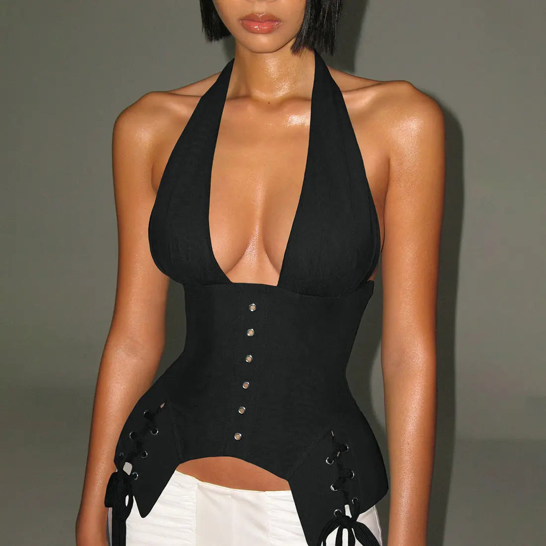 Jennie Lace Up Halter Backless Boning Corset Waist Control Deep V Plunge Bella Mia