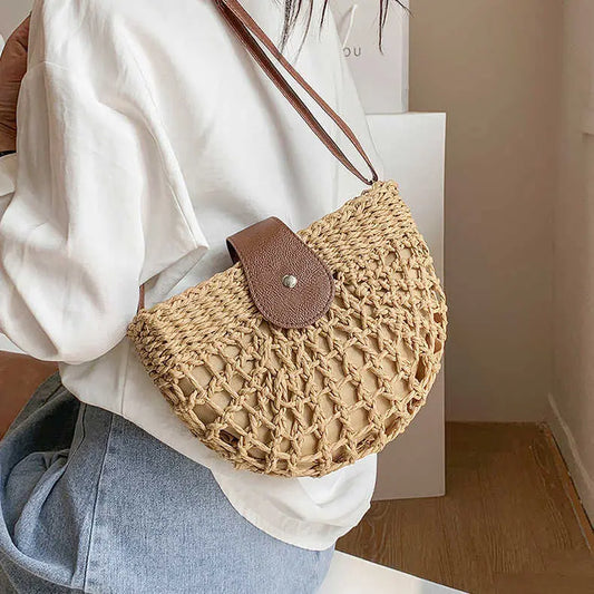 Fresh Hollow Out Cutout Semicircle Straw Bag Crossbody Shoulder Beach Woven Bella Mia