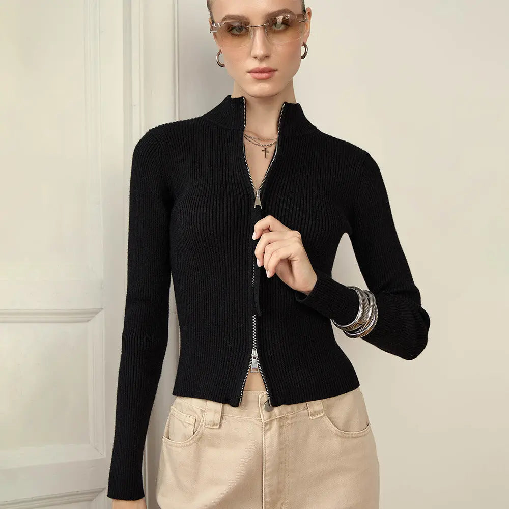 Stand up Collar Slim Fit Long Sleeved Coat Autumn Winter Double Zipper Cardigan Thermal Knitting Coat for Women Bella Mia