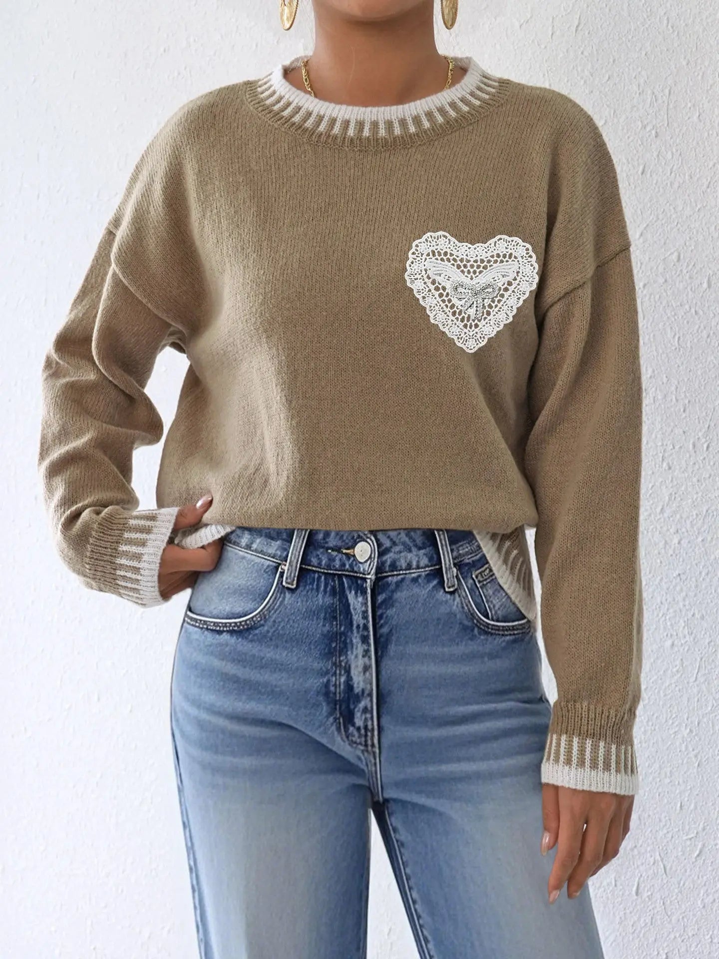 Autumn Winter Women Clothing Color Contrast Patchwork Loose Sweater Three Dimensional Bright Brick Butterfly Lace Love Pocket Bella Mia
