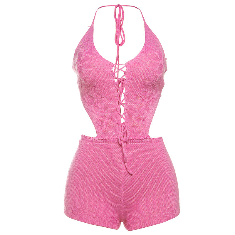 Women Clothing Spring Summer Knitted Sexy Cutout Solid Color Halter Lace up Backless Siamese Shorts Women Bella Mia