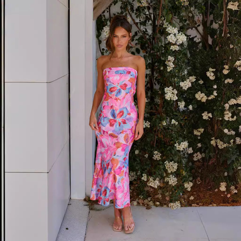 Graceful Fashionable Socialite Satin Backless Tube Top Dress Bella Mia