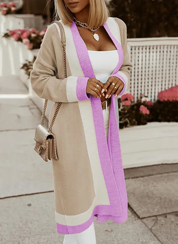 Autumn Winter Long Sweater Coat Women Color Matching Simple Elegant Loose Casual Long Cardigan Women Sweater Bella Mia