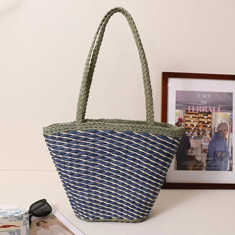 One Shoulder Straw Bag With Contrast Color Twill Woven Tote For Women Beach Bella Mia