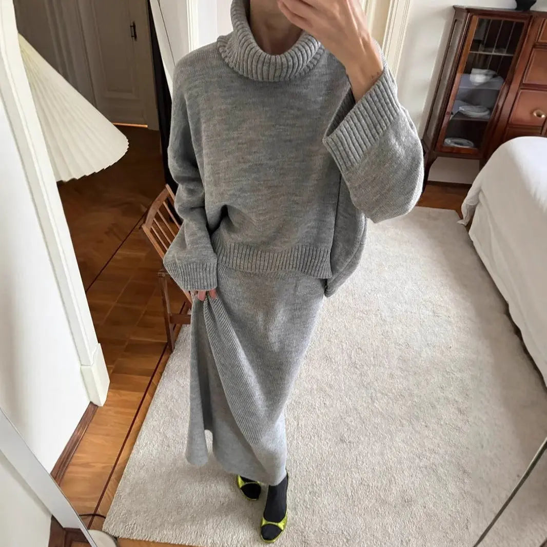 Turtleneck Sweater Skirt Set Women Autumn Winter Loose Knitted Two Piece Sweater Set Women Bella Mia