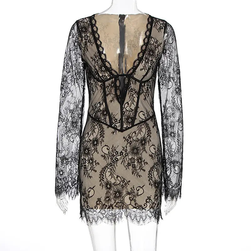 Women Clothing Autumn Sexy Adult Lady like Woman Lace Deep V Plunge Long Sleeve Slim Hip Bag Dress Bella Mia