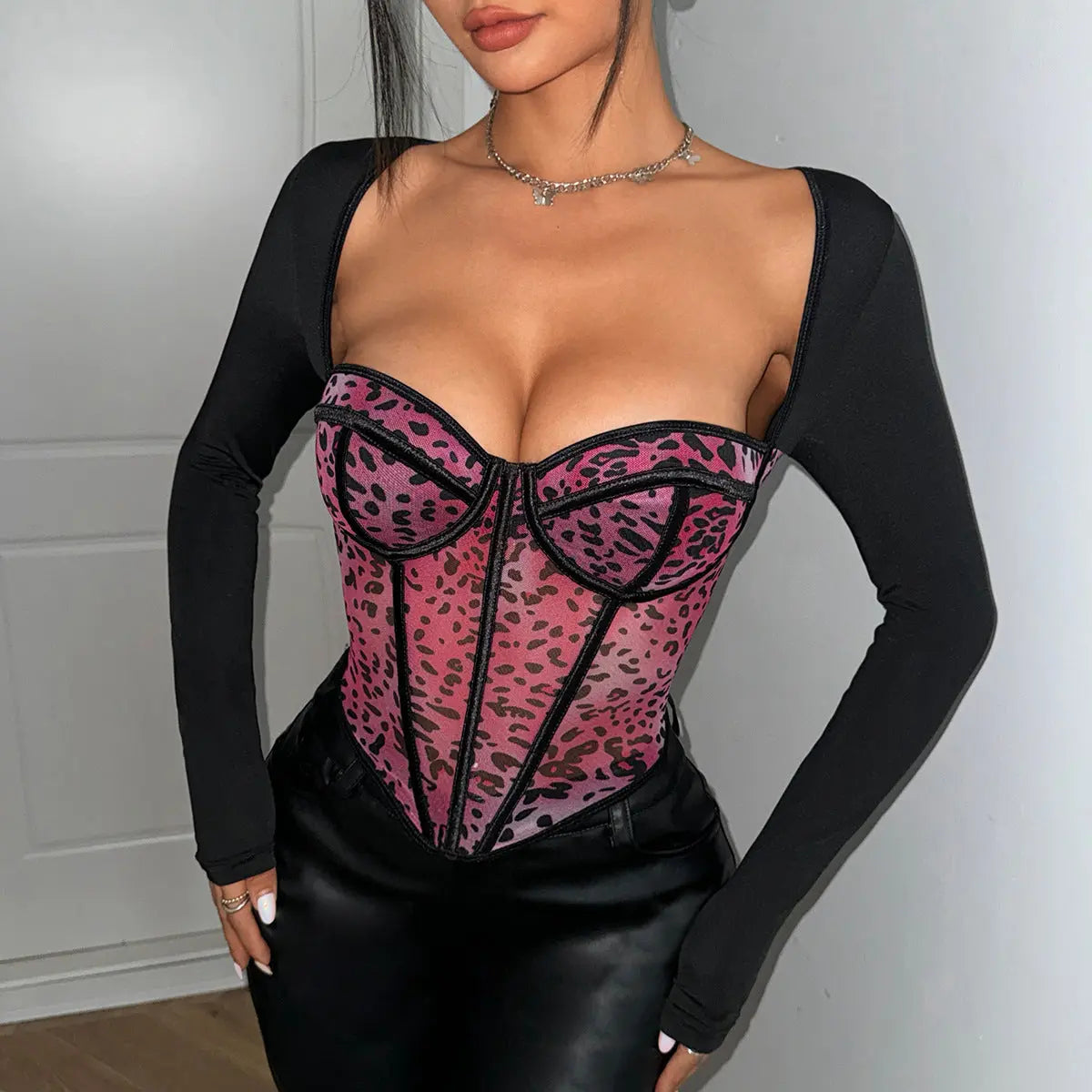 Women Top T shirt Long Sleeve Sexy Leopard Print Contrast Color See through Sexy Mesh Boning Corset Bra Bella Mia