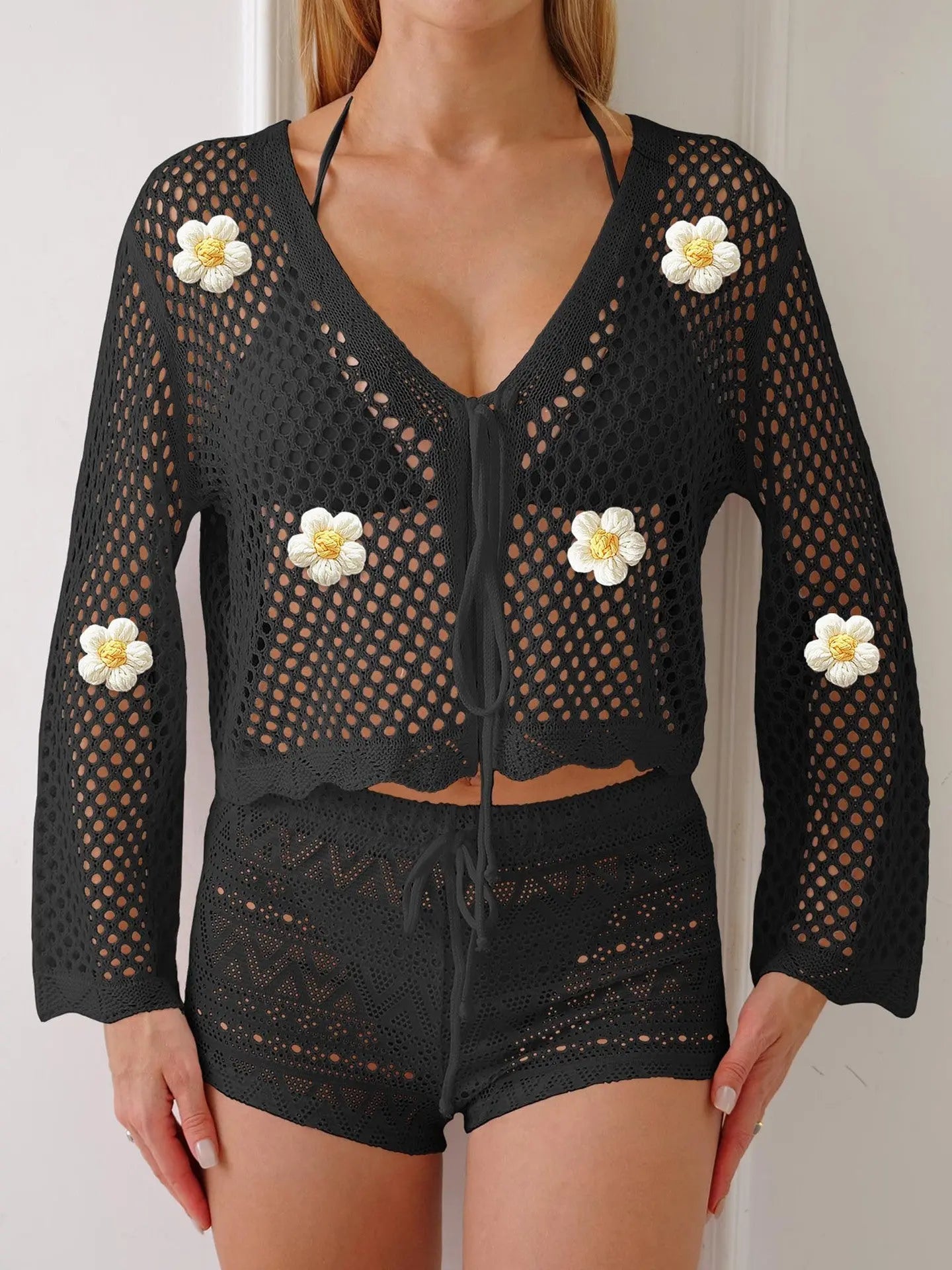 Women Lace Up Cardigan Hollow Out Cutout Woven Shirt Floral Embroidery Beach Bella Mia