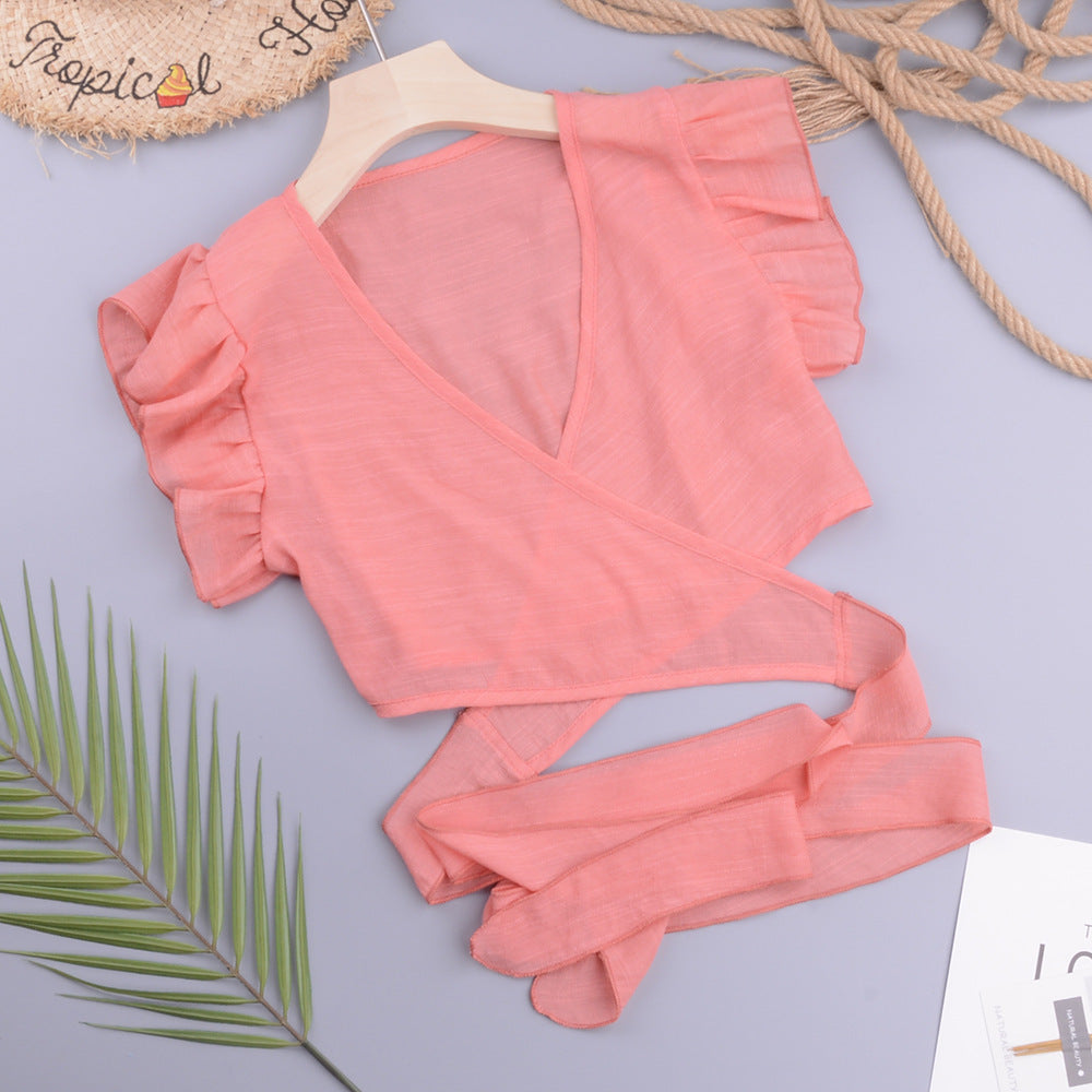 Sexy Vacation Beach Cross Cardigan Modern Avant Garde Solid Color Slubbed Fabric Women Tops Bella Mia