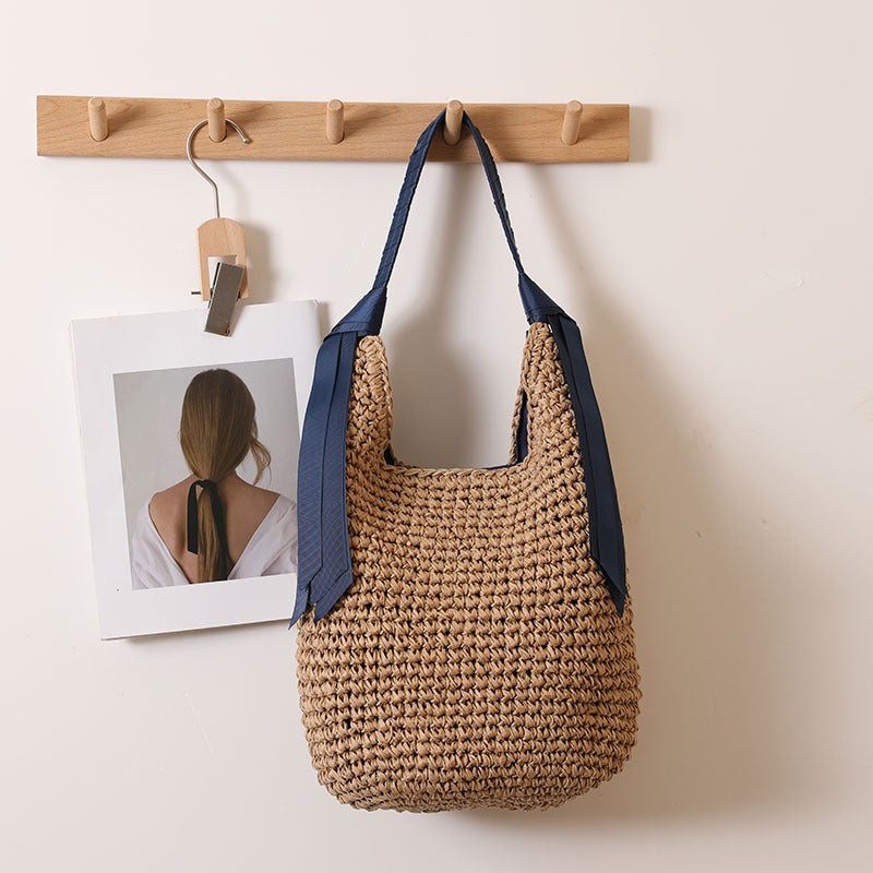 Ribbon Shoulder Straw Bag Large Capacity Solid Color Woven Bag Seaside Vacation Beach Bag Straw Bag Bella Mia
